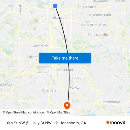 10th St NW @ Holly St NW to Jonesboro, GA map