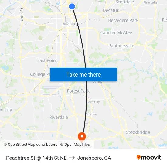 Peachtree St @ 14th St NE to Jonesboro, GA map