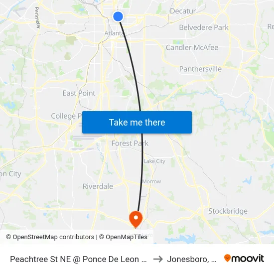 Peachtree St NE @ Ponce De Leon Ave to Jonesboro, GA map