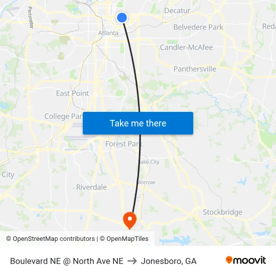 Boulevard NE @ North Ave NE to Jonesboro, GA map