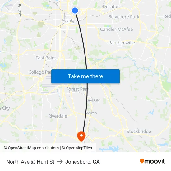 North Ave @ Hunt St to Jonesboro, GA map