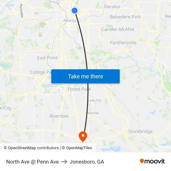 North Ave @ Penn Ave to Jonesboro, GA map