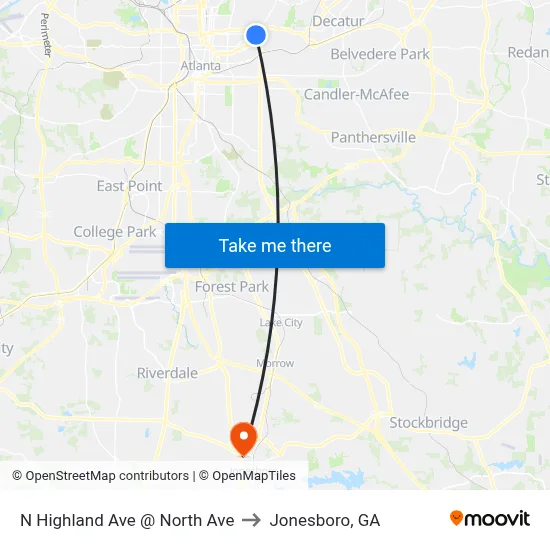 N Highland Ave @ North Ave to Jonesboro, GA map