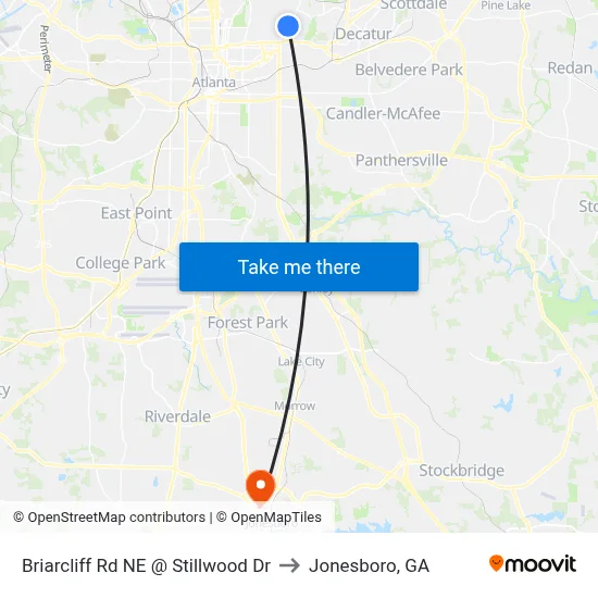Briarcliff Rd NE @ Stillwood Dr to Jonesboro, GA map