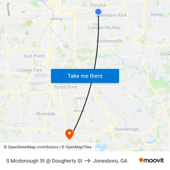 S Mcdonough St @ Dougherty St to Jonesboro, GA map