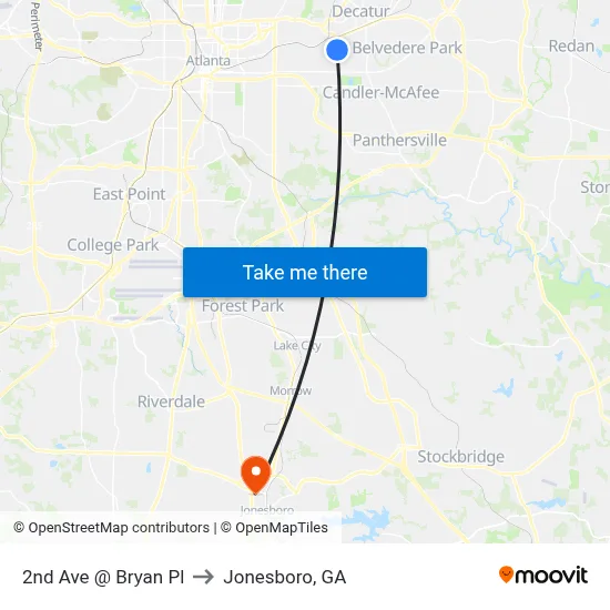2nd Ave @ Bryan Pl to Jonesboro, GA map