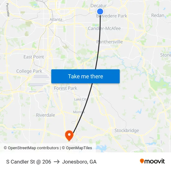 S Candler St @ 206 to Jonesboro, GA map