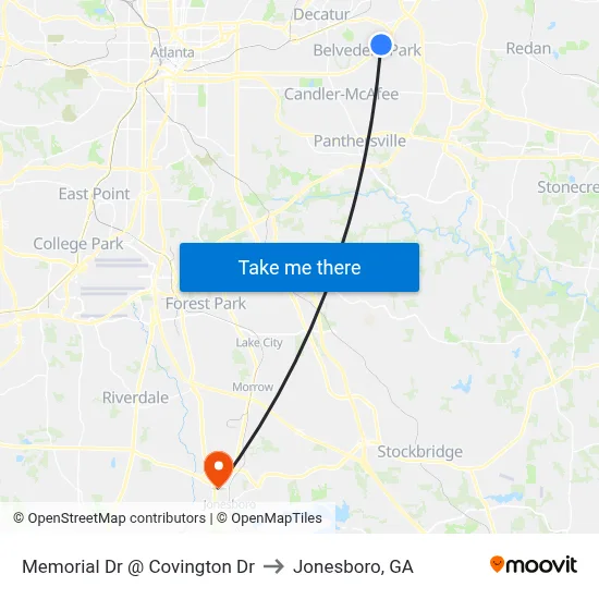 Memorial Dr @ Covington Dr to Jonesboro, GA map