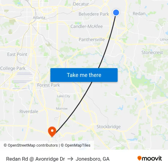 Redan Rd @ Avonridge Dr to Jonesboro, GA map