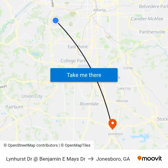 Lynhurst Dr @ Benjamin E Mays Dr to Jonesboro, GA map