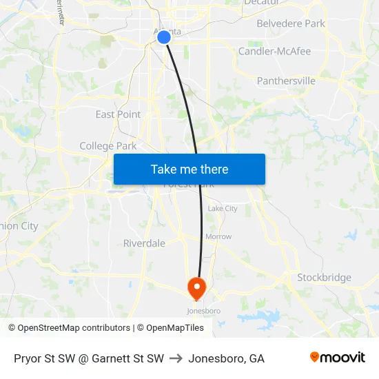 Pryor St SW @ Garnett St SW to Jonesboro, GA map