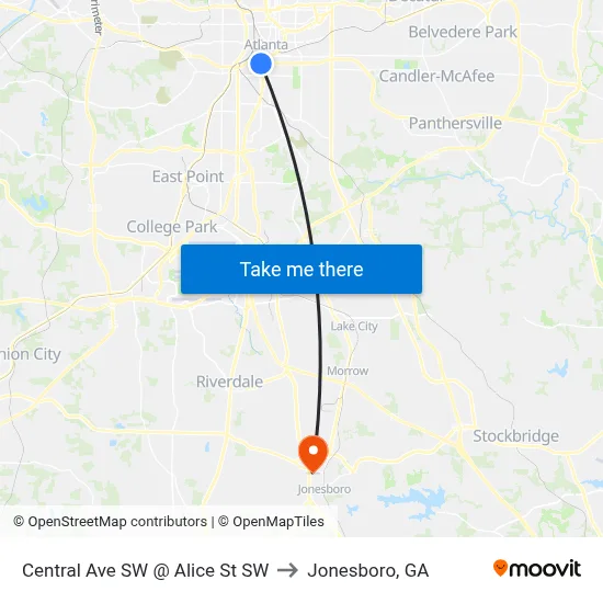 Central Ave SW @ Alice St SW to Jonesboro, GA map
