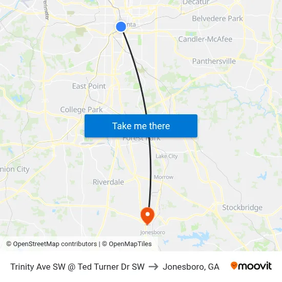 Trinity Ave SW @ Ted Turner Dr SW to Jonesboro, GA map
