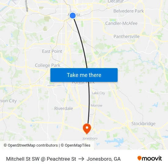 Mitchell St SW @ Peachtree St to Jonesboro, GA map