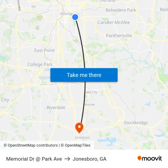 Memorial Dr @ Park Ave to Jonesboro, GA map
