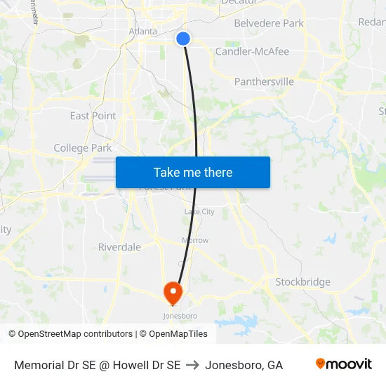 Memorial Dr SE @ Howell Dr SE to Jonesboro, GA map
