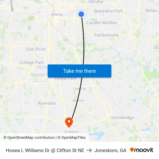 Hosea L Williams Dr @ Clifton St NE to Jonesboro, GA map
