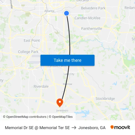 Memorial Dr SE @ Memorial Ter SE to Jonesboro, GA map