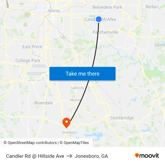 Candler Rd @ Hillside Ave to Jonesboro, GA map