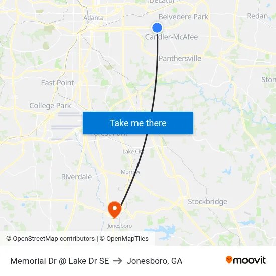 Memorial Dr @ Lake Dr SE to Jonesboro, GA map