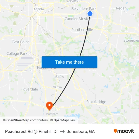 Peachcrest Rd @ Pinehill Dr to Jonesboro, GA map