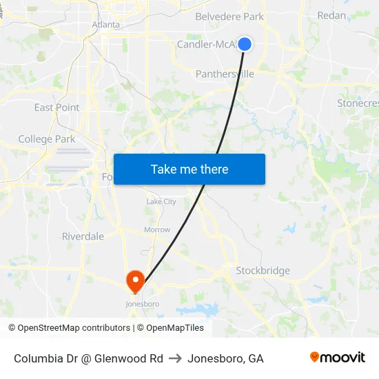 Columbia Dr @ Glenwood Rd to Jonesboro, GA map