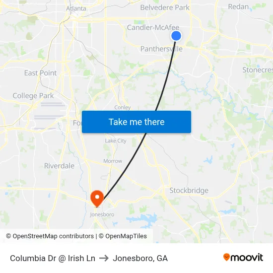 Columbia Dr @ Irish Ln to Jonesboro, GA map