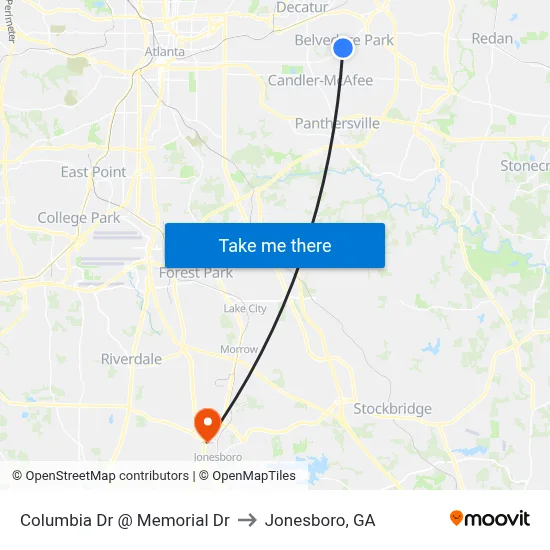 Columbia Dr @ Memorial Dr to Jonesboro, GA map