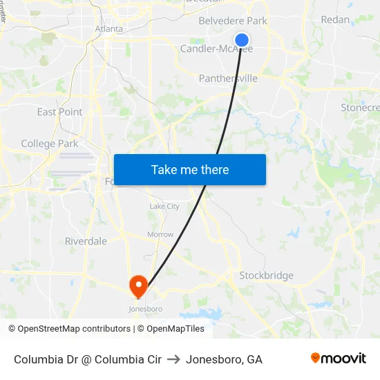 Columbia Dr @ Columbia Cir to Jonesboro, GA map