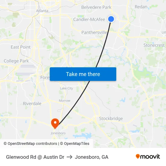 Glenwood Rd @ Austin Dr to Jonesboro, GA map