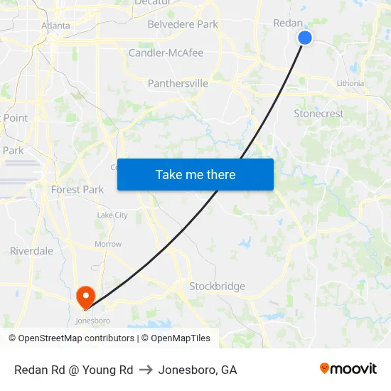 Redan Rd @ Young Rd to Jonesboro, GA map