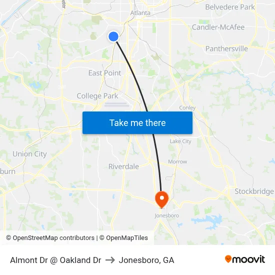 Almont Dr @ Oakland Dr to Jonesboro, GA map