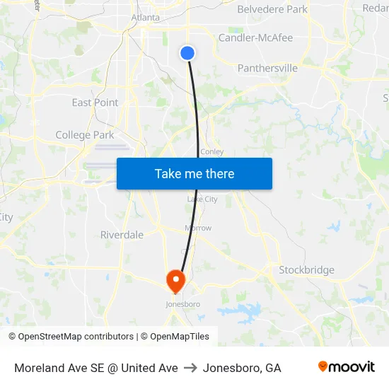 Moreland Ave SE @ United Ave to Jonesboro, GA map