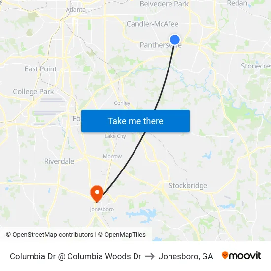 Columbia Dr @ Columbia Woods Dr to Jonesboro, GA map