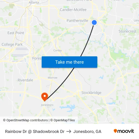 Rainbow Dr @ Shadowbrook Dr to Jonesboro, GA map
