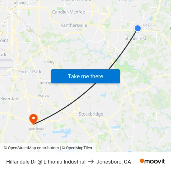 Hillandale Dr @ Lithonia Industrial to Jonesboro, GA map