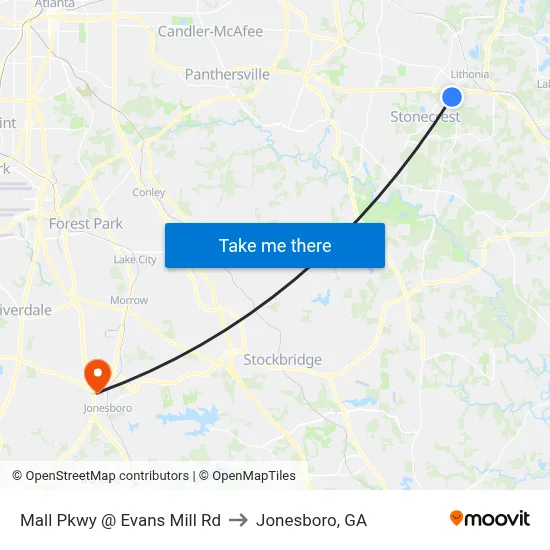 Mall Pkwy @ Evans Mill Rd to Jonesboro, GA map