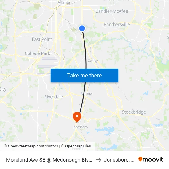 Moreland Ave SE @ Mcdonough Blvd SE to Jonesboro, GA map