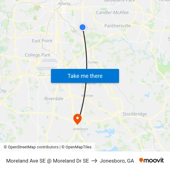 Moreland Ave SE @ Moreland Dr SE to Jonesboro, GA map