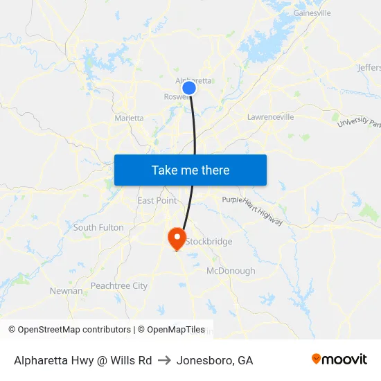 Alpharetta Hwy @ Wills Rd to Jonesboro, GA map