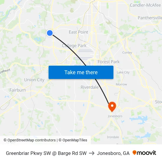 Greenbriar Pkwy SW @ Barge Rd SW to Jonesboro, GA map