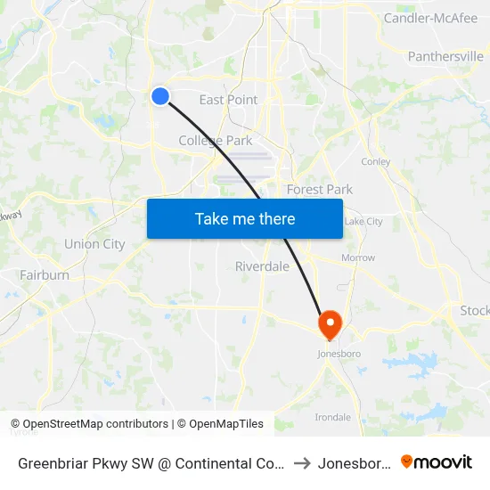Greenbriar Pkwy SW @ Continental Colony Pkwy SW to Jonesboro, GA map