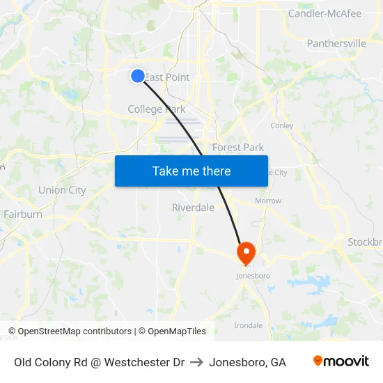 Old Colony Rd @ Westchester Dr to Jonesboro, GA map
