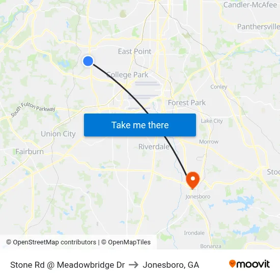 Stone Rd @ Meadowbridge Dr to Jonesboro, GA map
