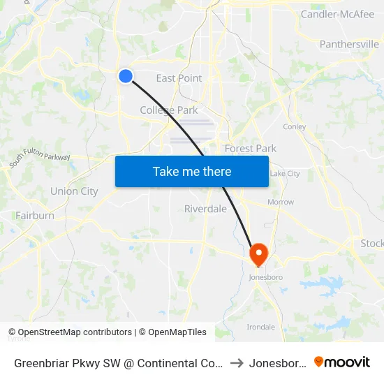 Greenbriar Pkwy SW @ Continental Colony Pkwy SW to Jonesboro, GA map