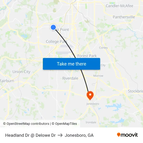 Headland Dr @ Delowe Dr to Jonesboro, GA map