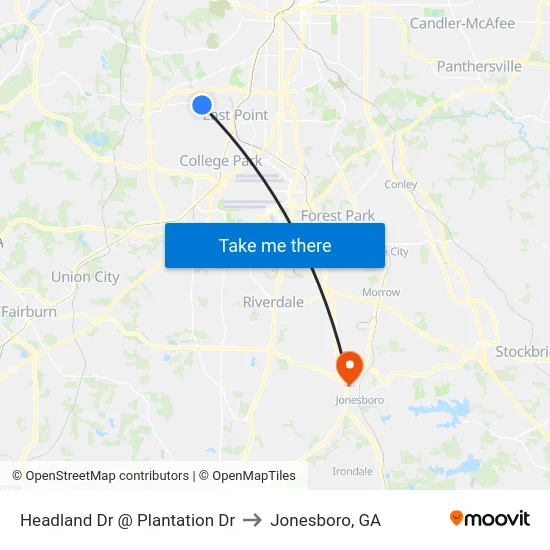 Headland Dr @ Plantation Dr to Jonesboro, GA map