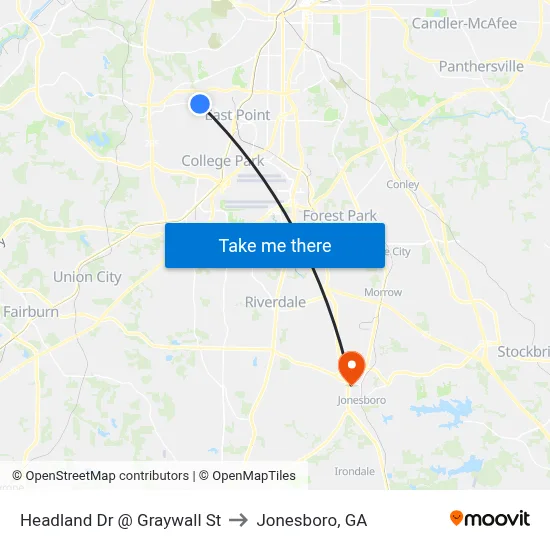 Headland Dr @ Graywall St to Jonesboro, GA map