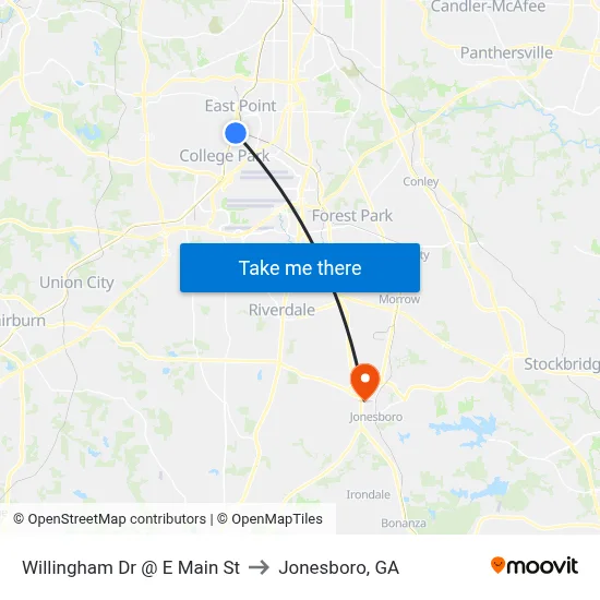 Willingham Dr @ E Main St to Jonesboro, GA map
