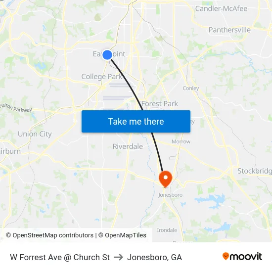 W Forrest Ave @ Church St to Jonesboro, GA map